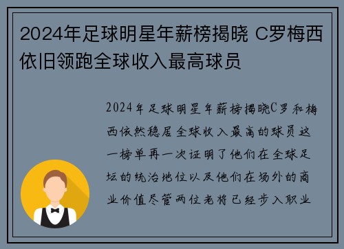 2024年足球明星年薪榜揭晓 C罗梅西依旧领跑全球收入最高球员